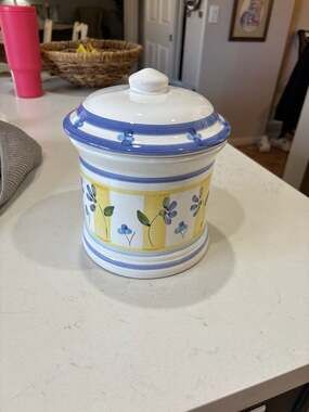 Caleca Italy Marina Blue and Yellow Floral Hand Painted Large Ceramic Canister w
